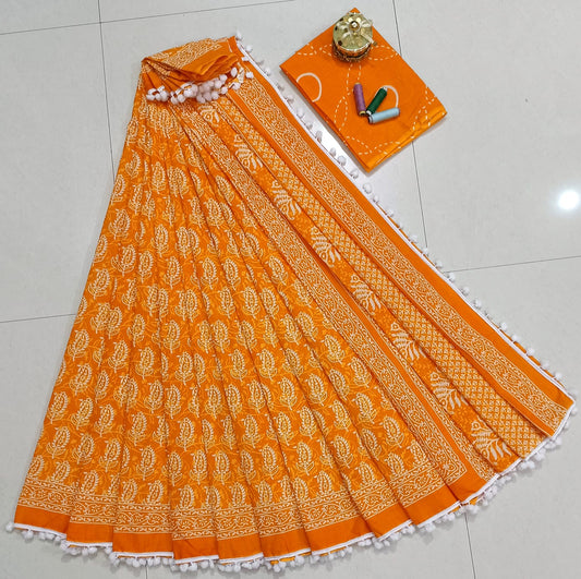 Pure Mulmul Cotton hand block Print Saree with Blouse