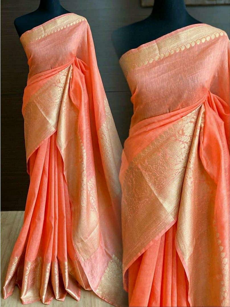 Pure Banarasi Linen Silk Border Saree With Blouse