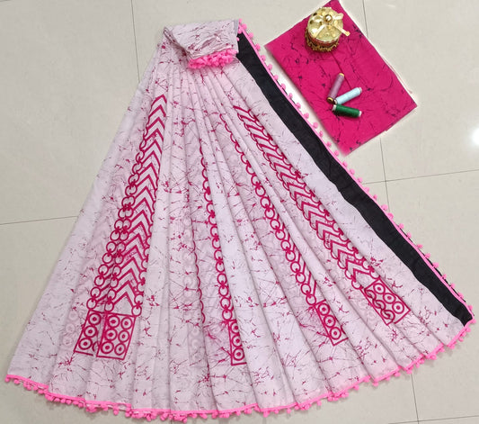 Pure Mulmul Cotton hand block Print Saree with Blouse