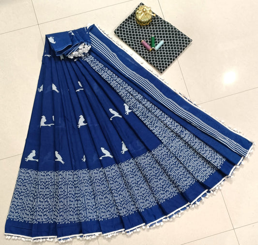 Pure Mulmul Cotton hand block Print Saree with Blouse