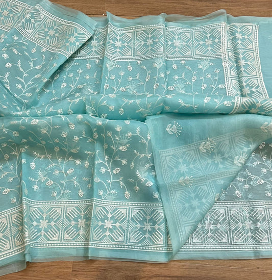 Pure organza silk chikankari work  saree with blouse