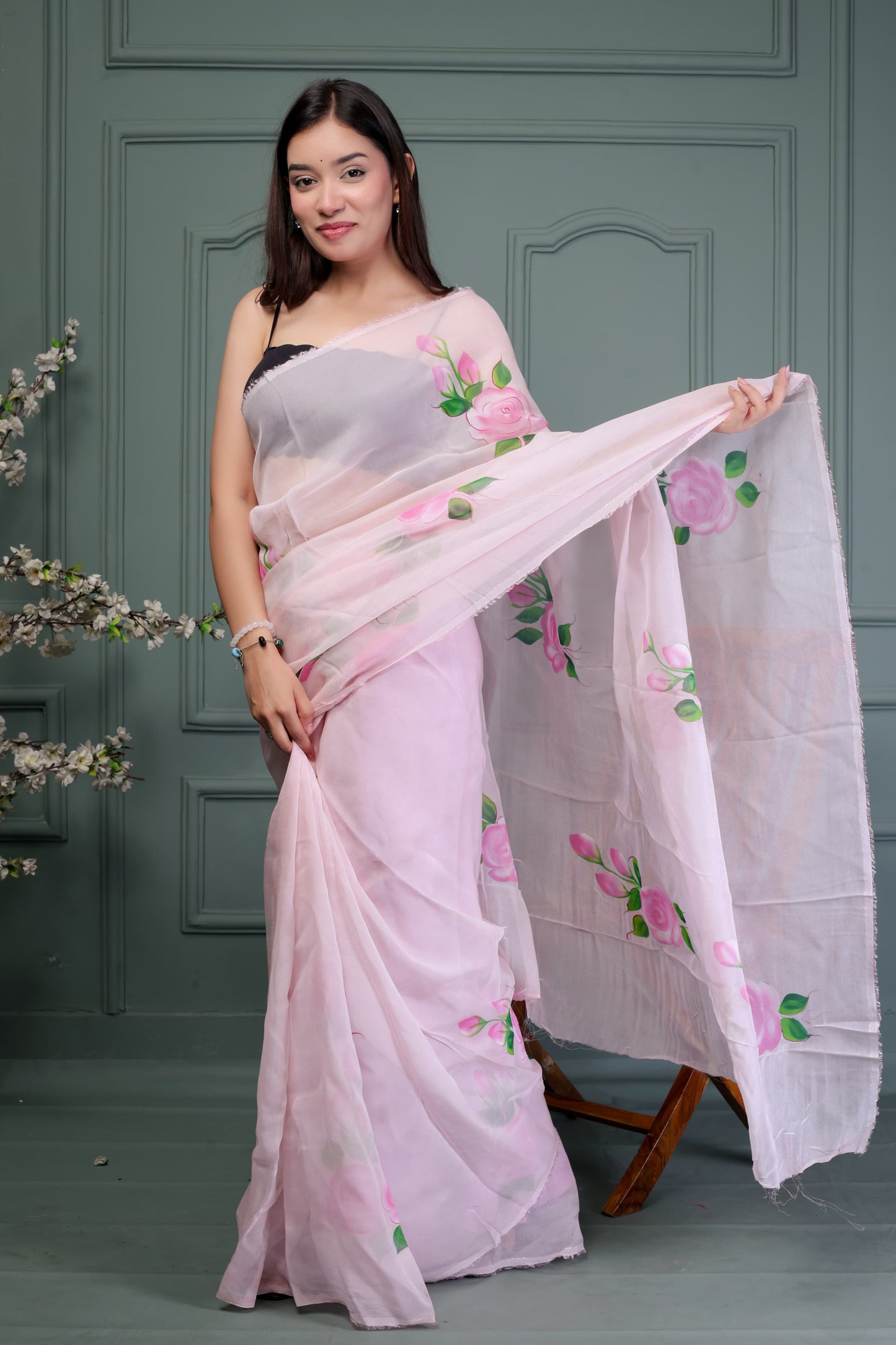 Organza Hand Printed Saree With Blouse