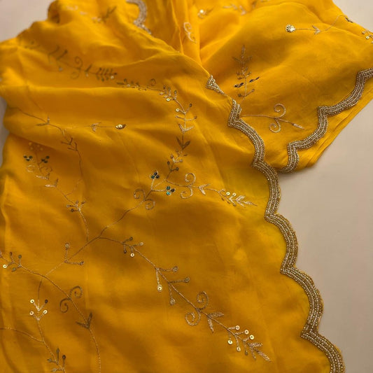 Pure Jaipuri Chiffon Jaal Work Saree With Beautiful Rajputi look and Running Blouse