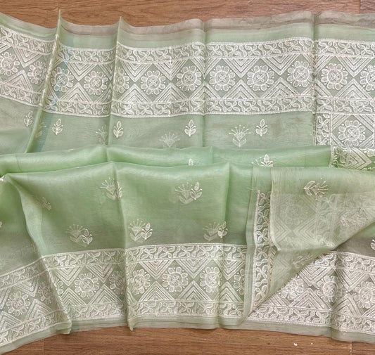 Pure organza silk chikankari work  saree with blouse