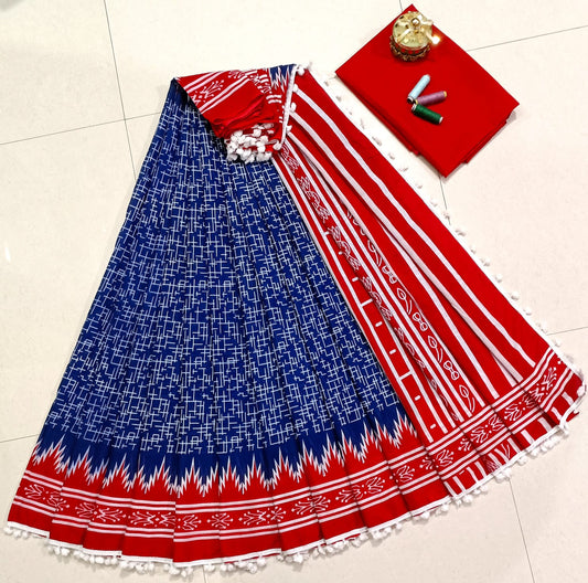 Pure Mulmul Cotton hand block Print Saree with Blouse