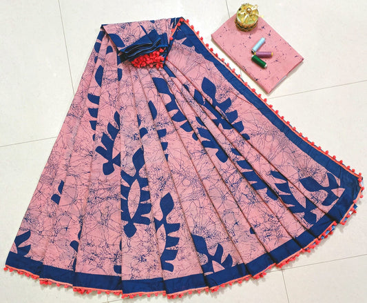 Pure Mulmul Cotton hand block Print Saree with Blouse