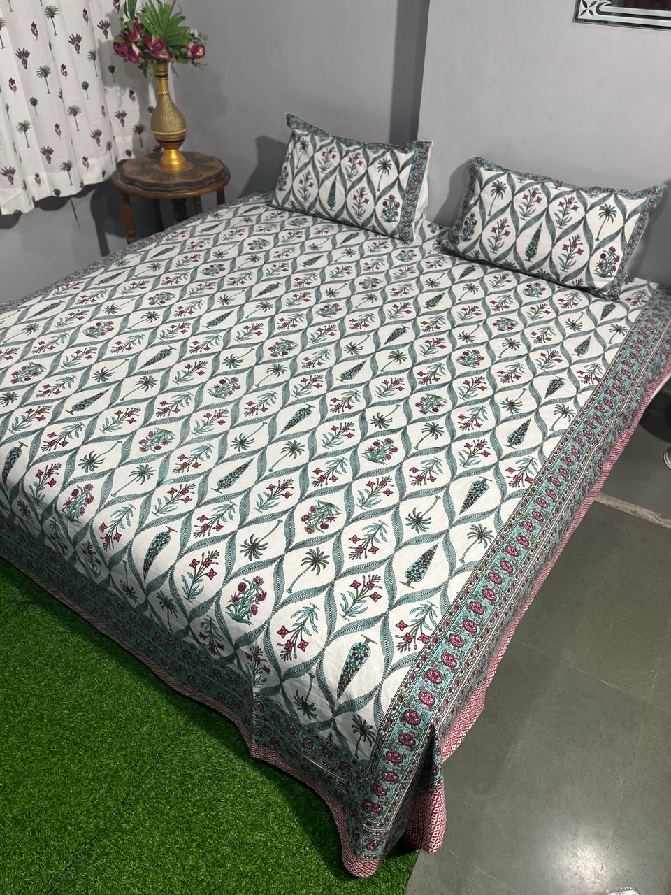 Pure Cotton Hand Block Print Double Bedsheet. ( 90 X 108) with pillow covers