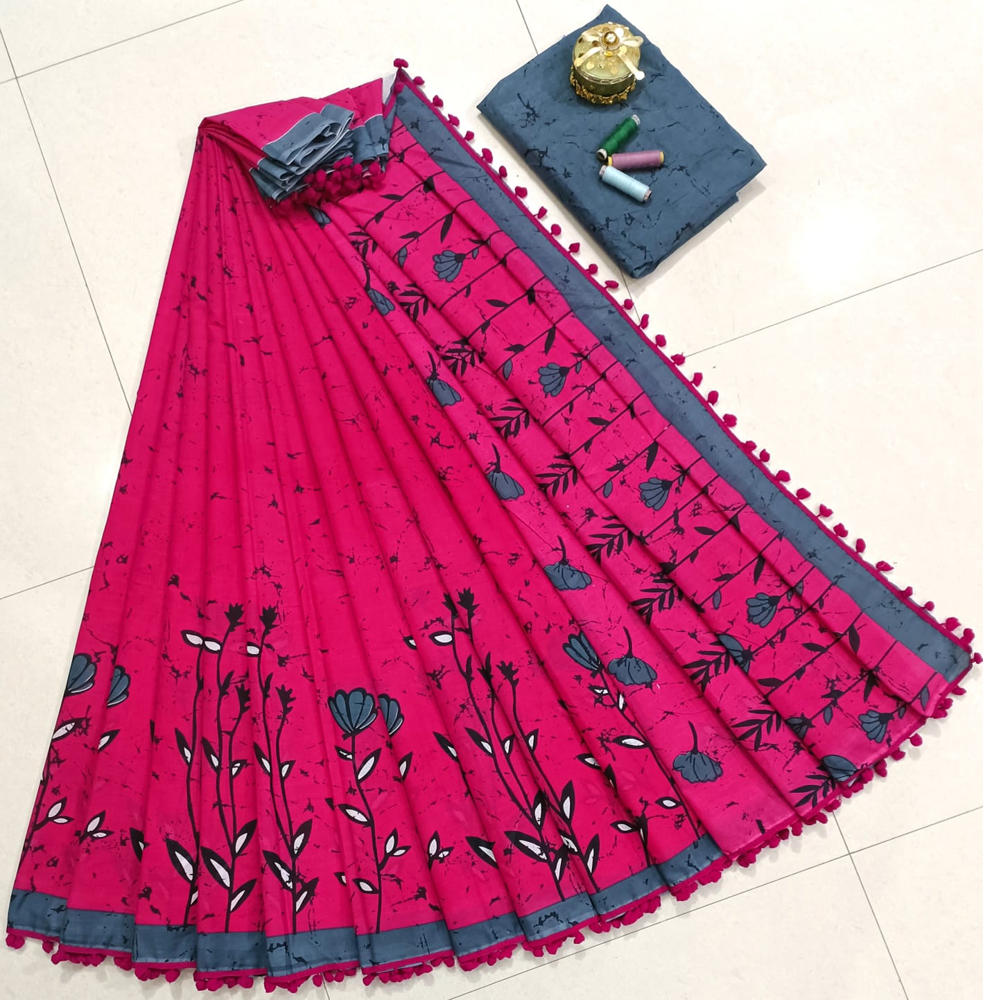 Pure Mulmul Cotton hand block Print Saree with Blouse