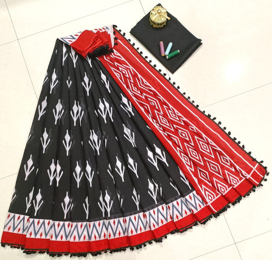 Pure Mulmul Cotton hand block Print Saree with Blouse