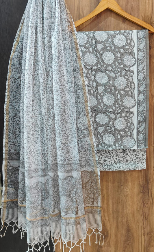 Pure Cotton Hand Block Print Suit With Kota Doriya Dupatta