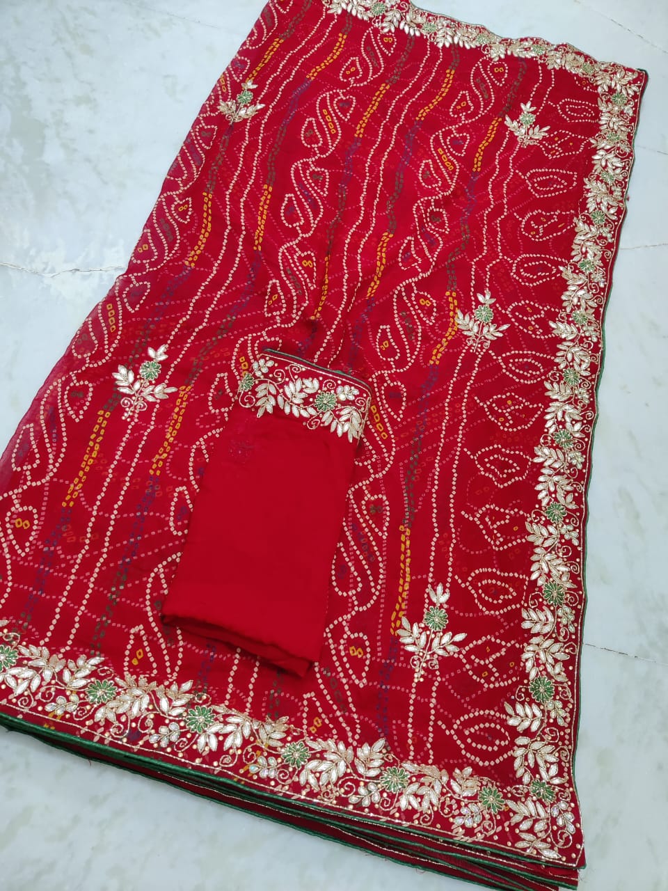 Pure Georgette Bandhej Print Hand Gotta Patti Work Saree With Blouse