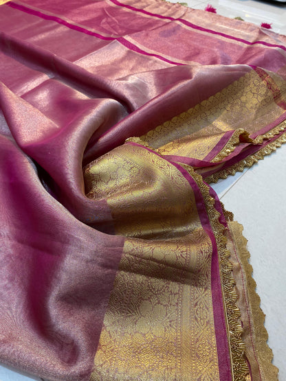 Banarasi Tissue Silk Saree With  Heavy Lace Work Running blouse