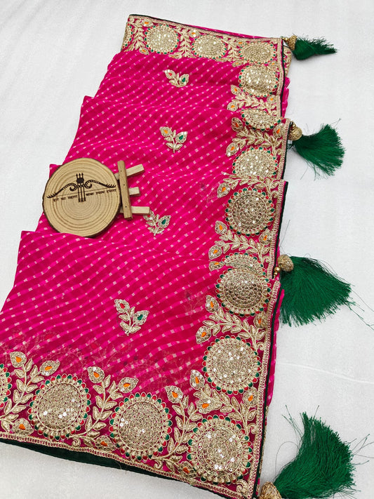 Pure georgette  Bandhej gota patti saree