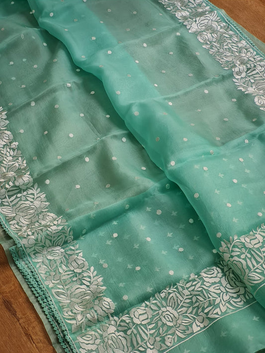 Pure Organza Silk  Parsi Embroidery Work Saree With Heavy Blouse