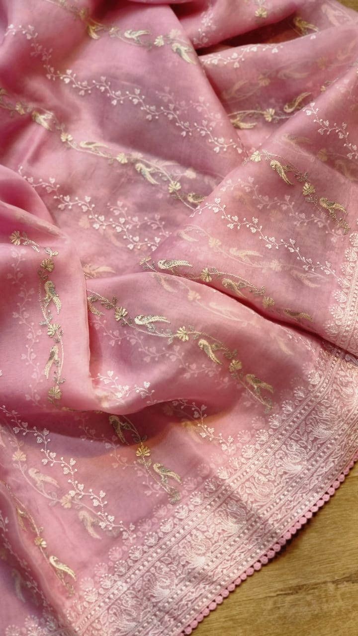 Pure organza silk embroidery  work  saree with blouse