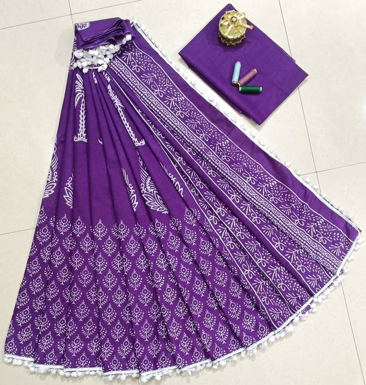 Pure Mulmul Cotton hand block Print Saree with Blouse