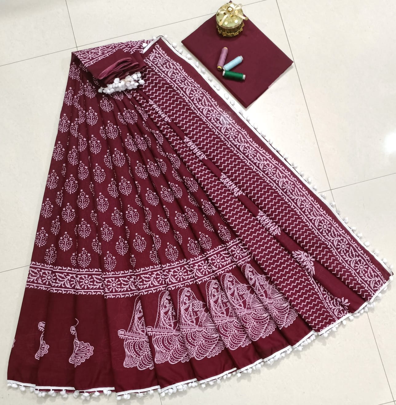 Pure Mulmul Cotton hand block Print Saree with Blouse