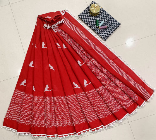 Pure Mulmul Cotton hand block Print Saree with Blouse