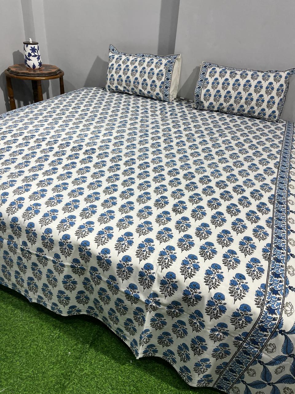 Pure Cotton Hand Block Print Double Bedsheet. ( 90 X 108) with pillow covers