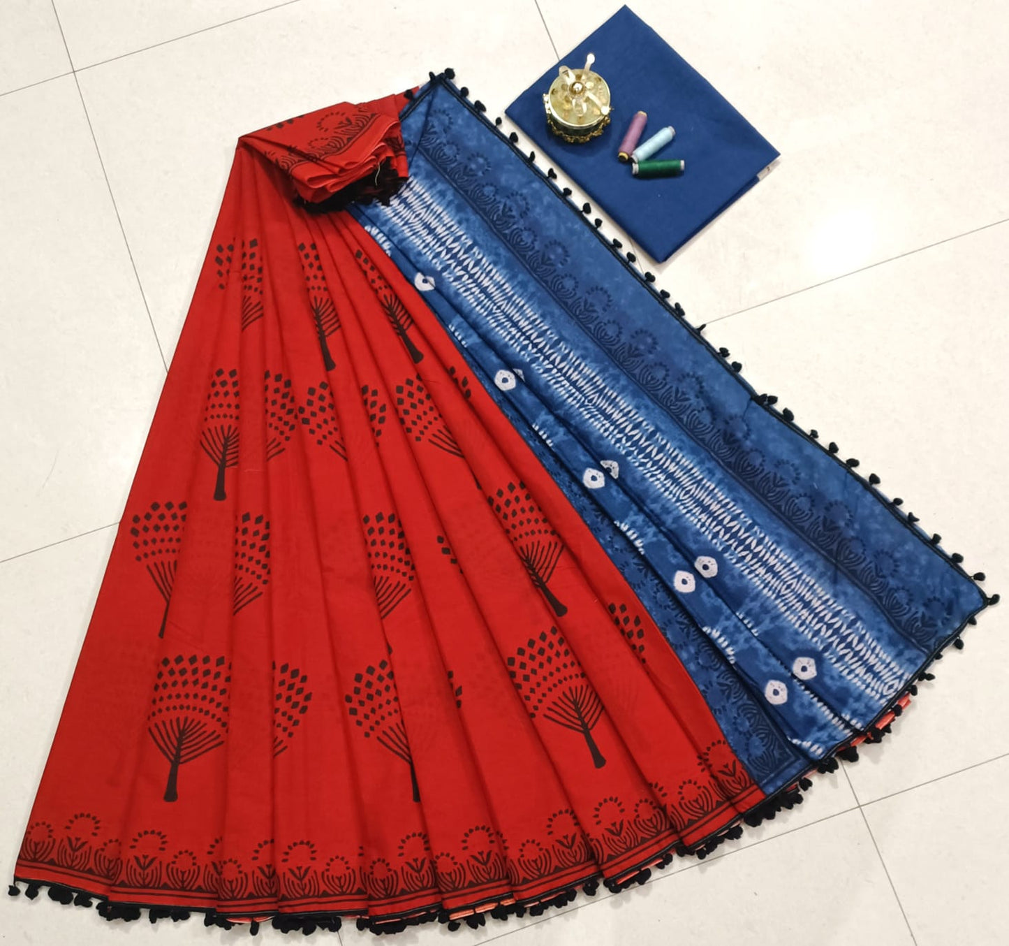 Pure Mulmul Cotton hand block Print Saree with Blouse