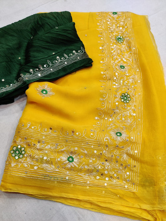 Pure Chiffon Rajputi kasab work saree With Blouse