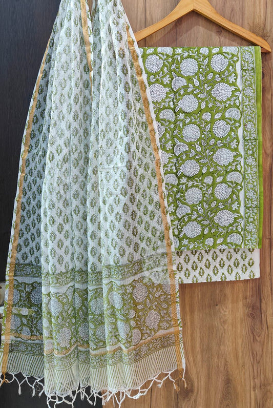 Pure Cotton Hand Block Print Suit With Kota Doriya Dupatta