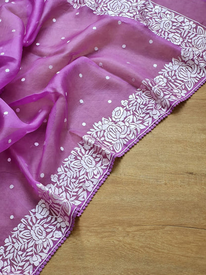 Pure Organza Silk  Parsi Embroidery Work Saree With Heavy Blouse