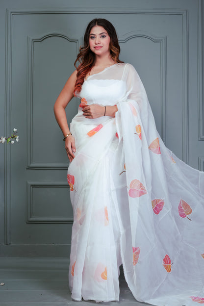 Organza Hand Printed Saree With Blouse