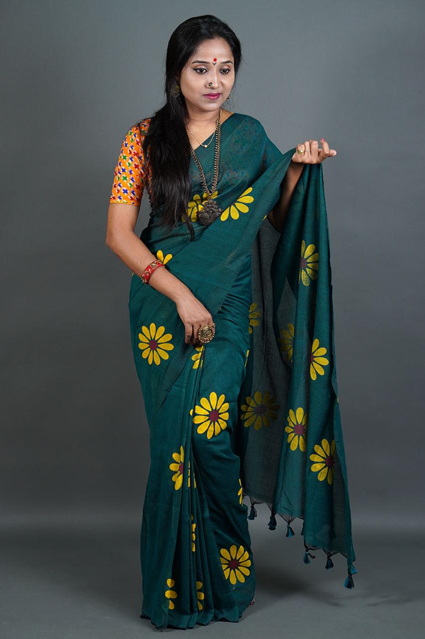 Pure  Handloom Khaddi Cotton Saree  With    Running  Blouse