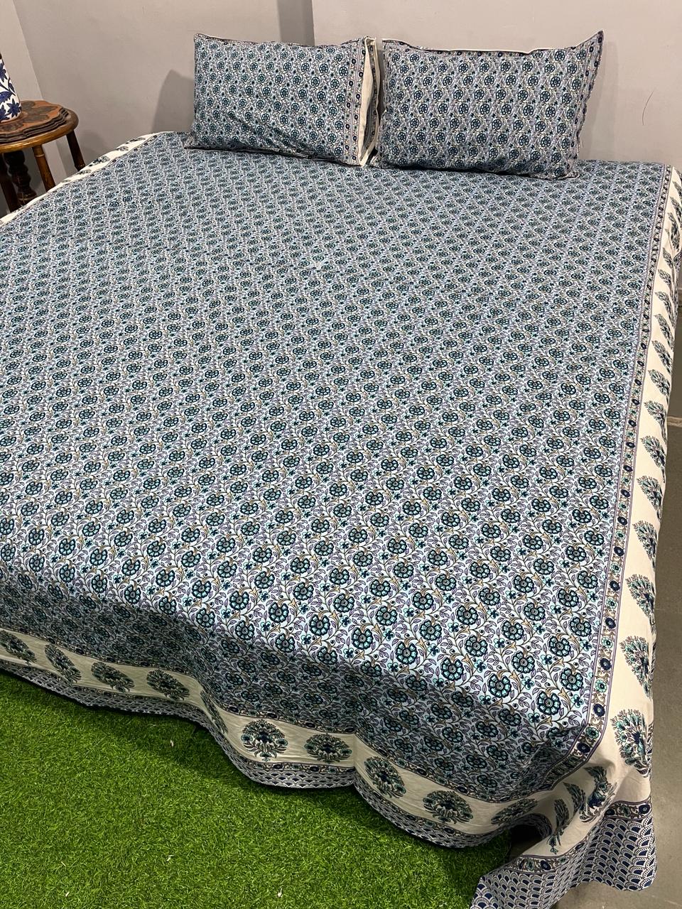 Pure Cotton Hand Block Print Double Bedsheet. ( 90 X 108) with pillow covers