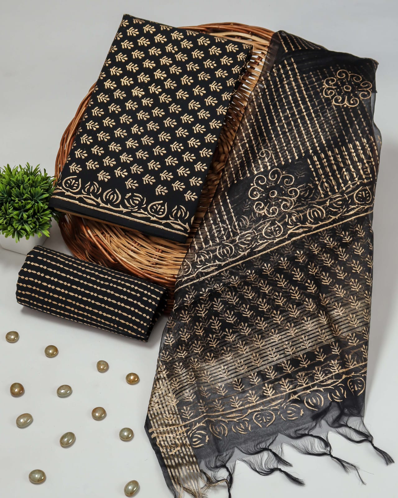 Pure Cotton Unstitched Suit With Organza Silk Dupatta