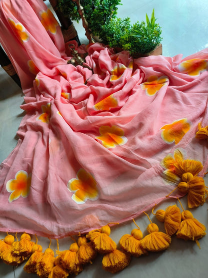 Beautiful Mulmul   Cotton Flowers design Hand Painted Saree