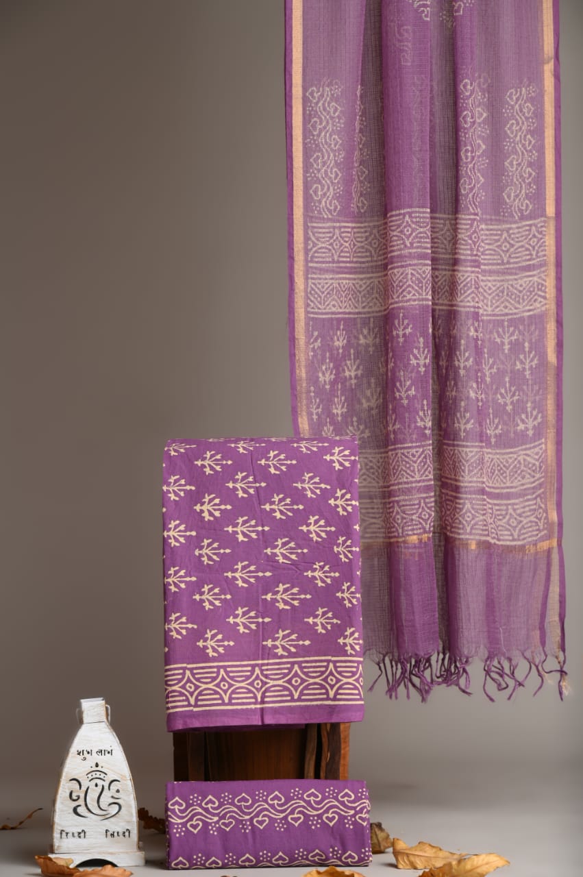 Pure Cotton Hand Block Printed Suit With Kota Doria Dupatta