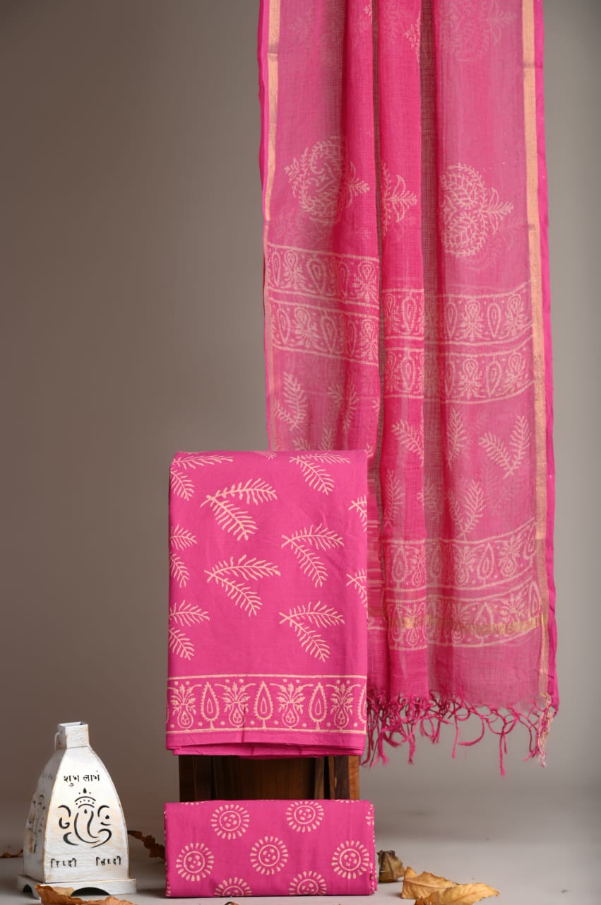 Pure Cotton Hand Block Printed Suit With Kota Doria Dupatta