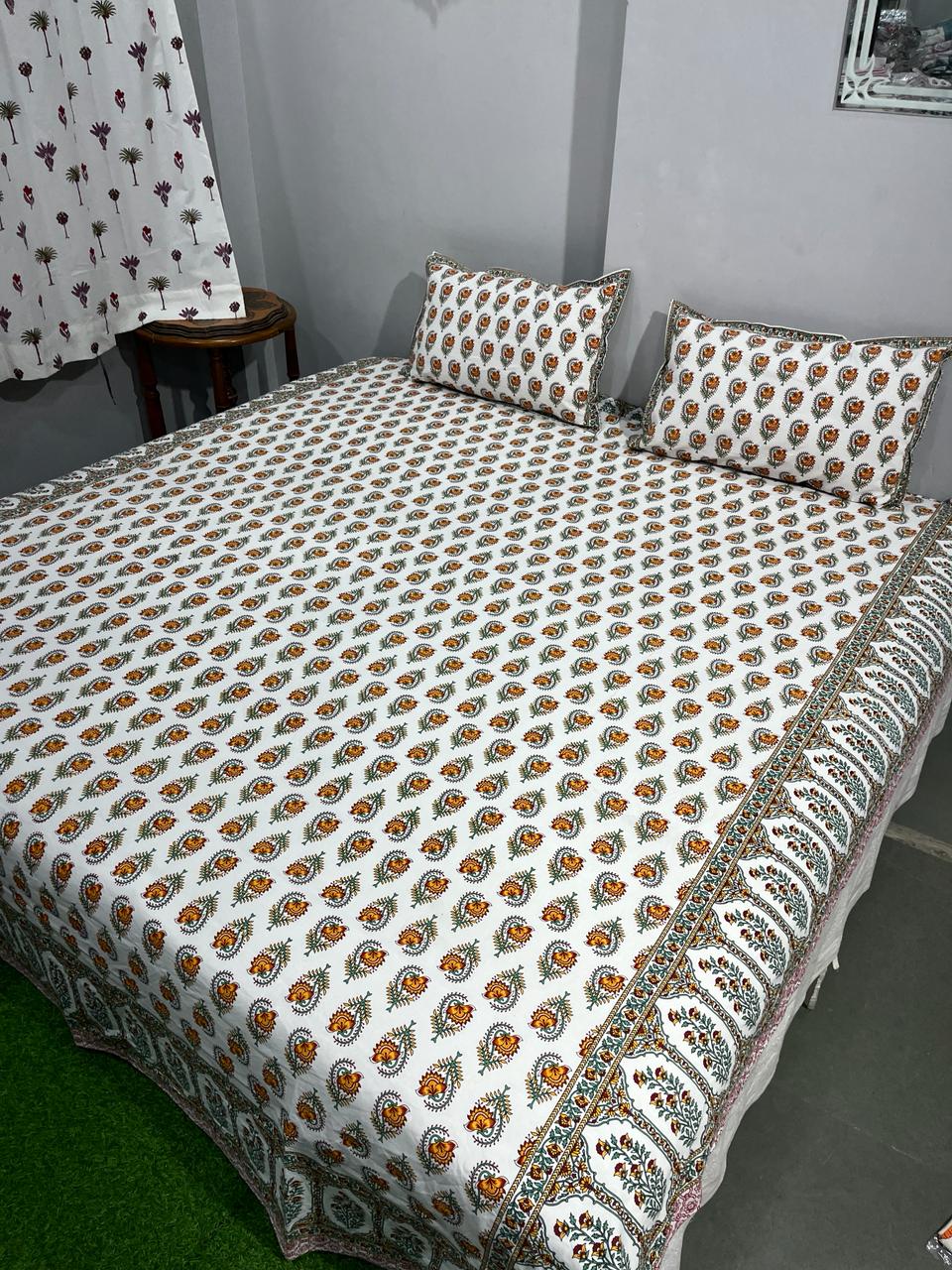 Pure Cotton Hand Block Print Double Bedsheet. ( 90 X 108) with pillow covers