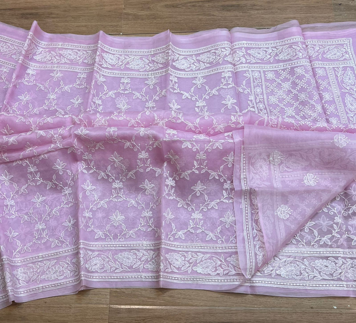 Pure organza silk chikankari work  saree with blouse