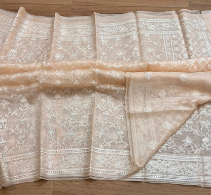 Pure organza silk chikankari work  saree with blouse