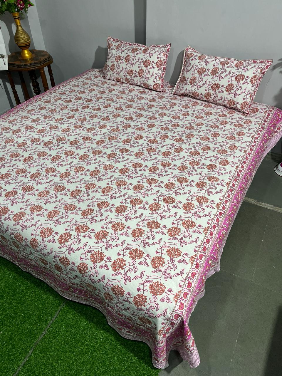 Pure Cotton Hand Block Print Double Bedsheet. ( 90 X 108) with pillow covers