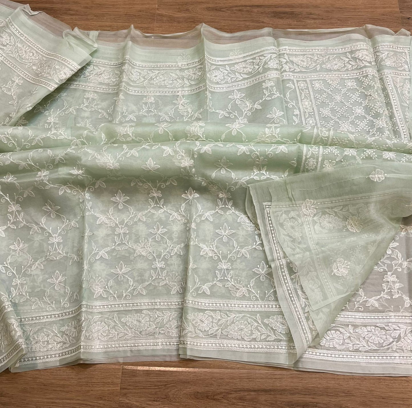 Pure organza silk chikankari work  saree with blouse