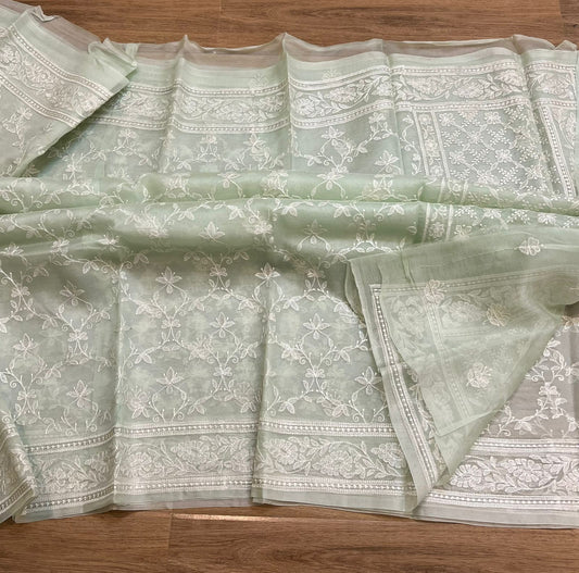 Pure organza silk chikankari work  saree with blouse