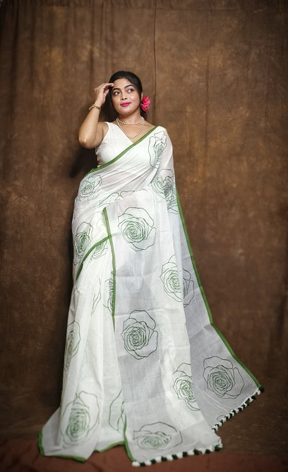 Beautiful Cotton Mulmul Saree With Running Blouse