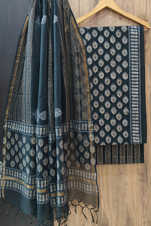 Pure Cotton Hand Block Print Suit With Kota Doriya Dupatta