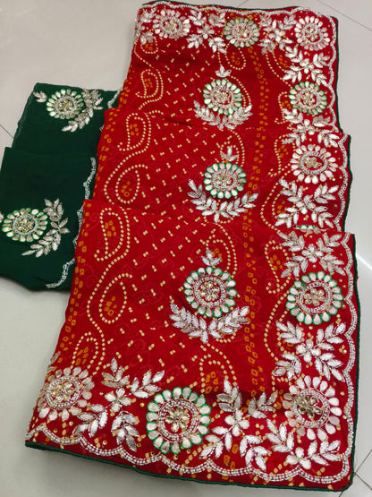 Pure georgette  Bandhej gota patti saree