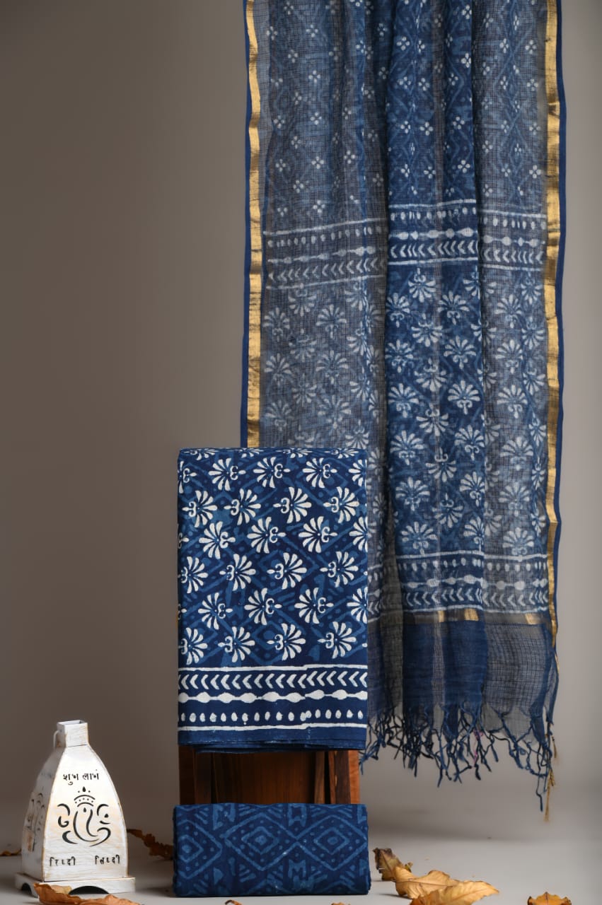 Pure Cotton Hand Block Printed Suit With Kota Doria Dupatta