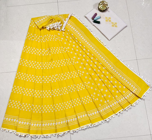 Pure Mulmul Cotton hand block Print Saree with Blouse