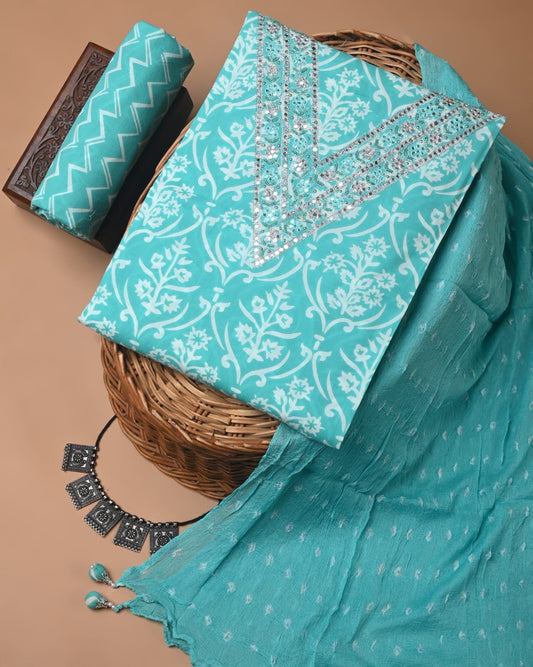 Designer gota patti hand work cotton  unstitched suit with chiffon   dupatta