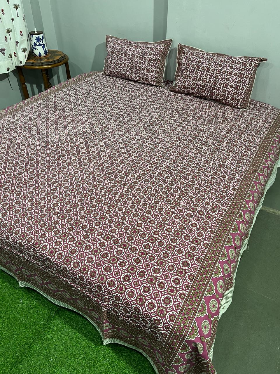 Pure Cotton Hand Block Print Double Bedsheet. ( 90 X 108) with pillow covers