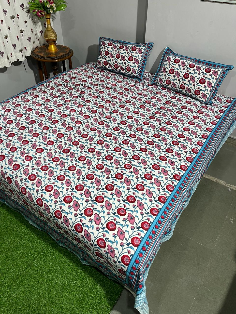 Pure Cotton Hand Block Print Double Bedsheet. ( 90 X 108) with pillow covers