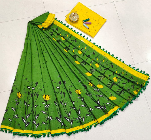 Pure Mulmul Cotton hand block Print Saree with Blouse