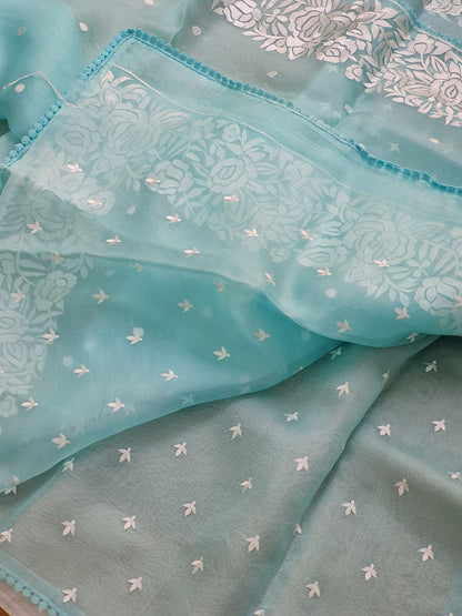 Pure Organza Silk  Parsi Embroidery Work Saree With Heavy Blouse